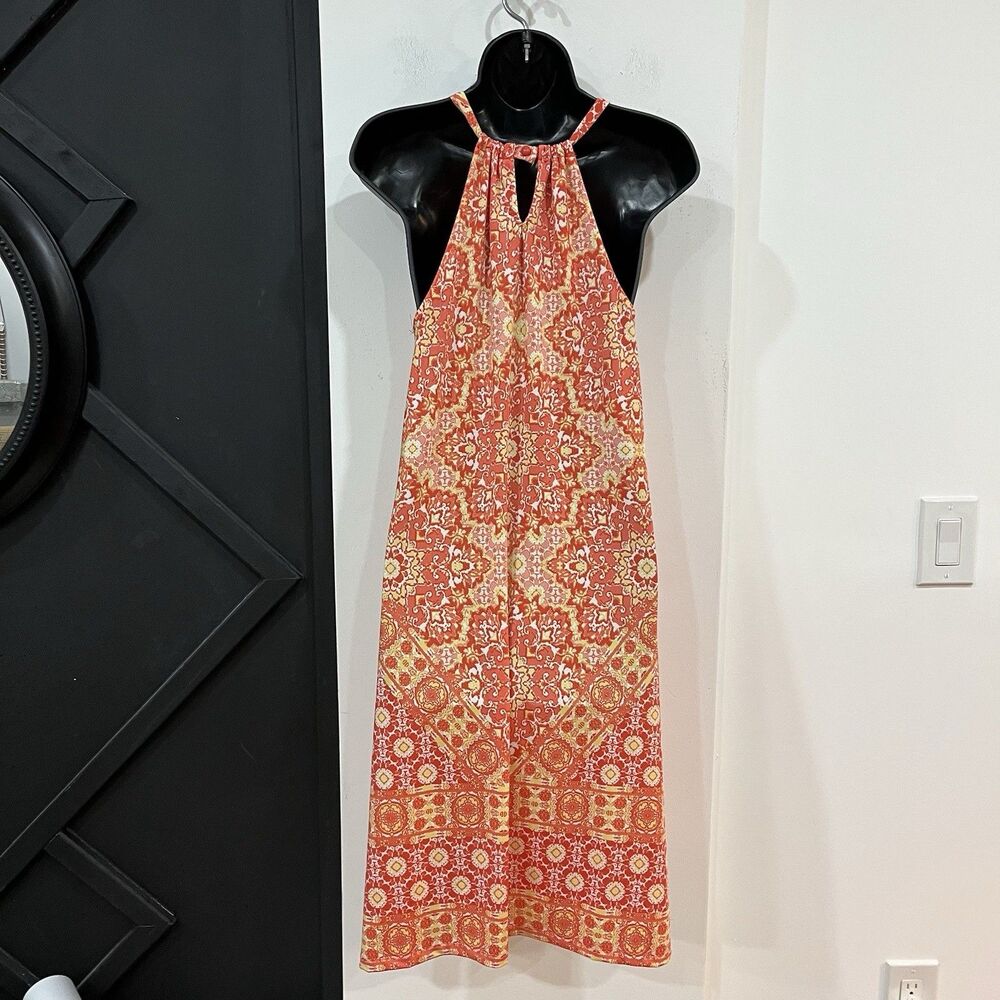 Haani Halter Boho Orange Pattern Dress Size Medium Summer Beach - Picture 6 of 8
